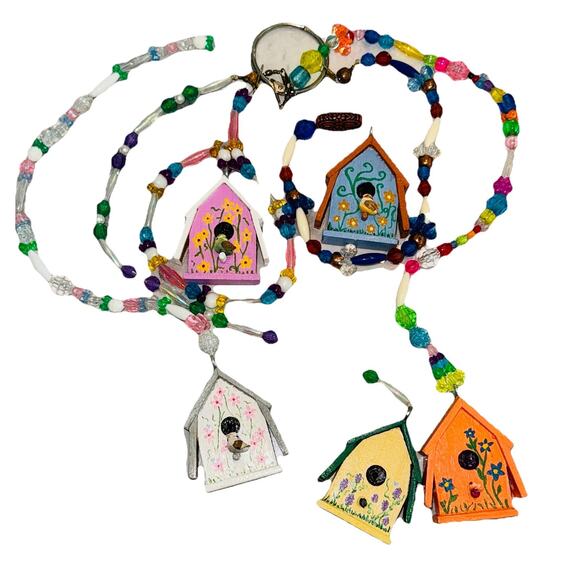 5 Strand Handmade Beaded String Bird House Mobile Toran Wall Hangings 1990s Art - Picture 1 of 4